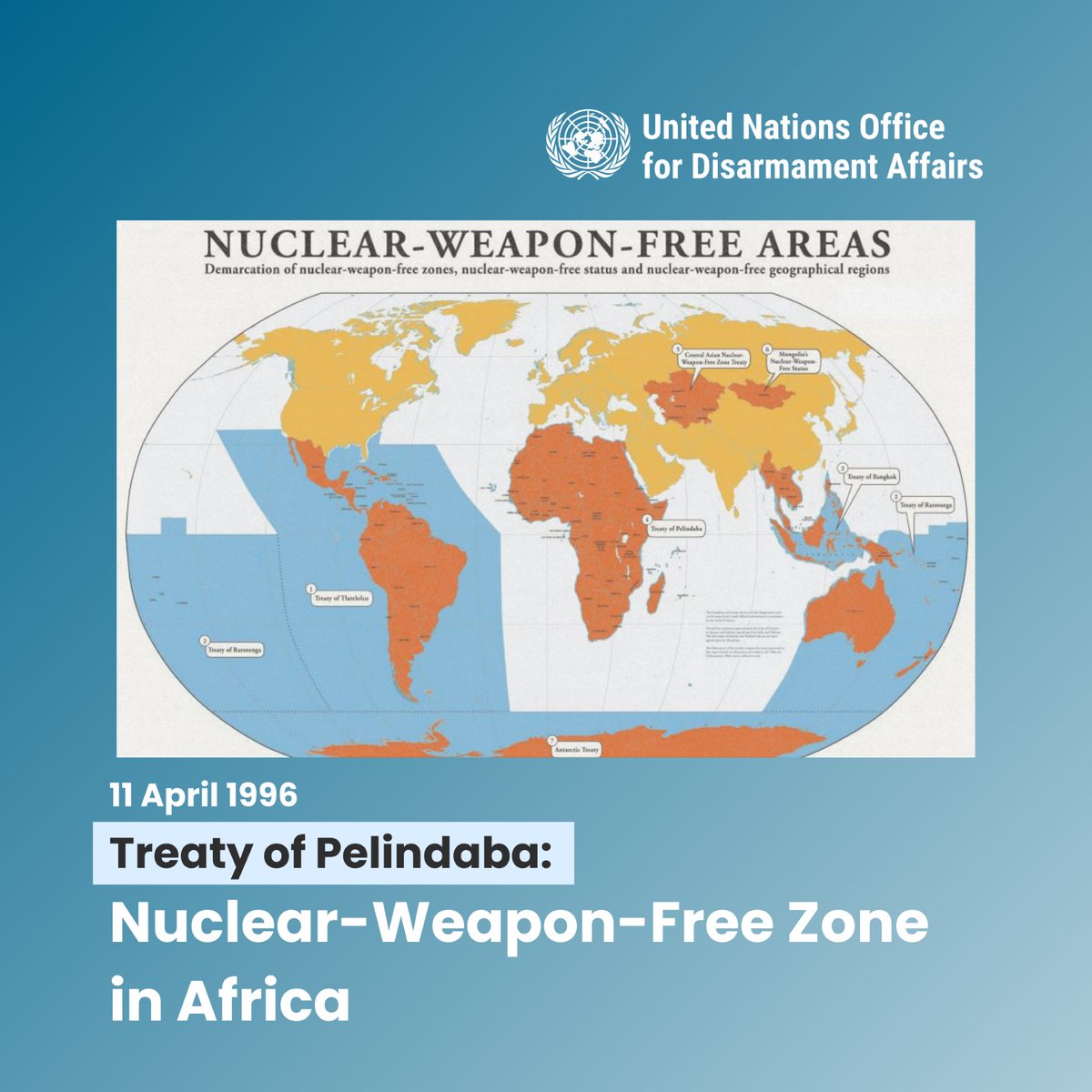 #ThrowbackThursday On this day in 1996, the Treaty of Pelindaba was opened for signature in Cairo, Egypt. 🇪🇬 The Treaty established a Nuclear-Weapon-Free Zone (NWFZ) in Africa, as a measure that contributes to global non-proliferation and disarmament efforts. 💡Learn more…