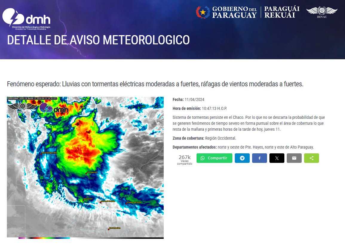 Aviso Meteorológico N° 552/2024 Emitido.
Enlace: meteorologia.gov.py/avisos/
Fecha: 11/04/2024
Hora: 10:47 h.