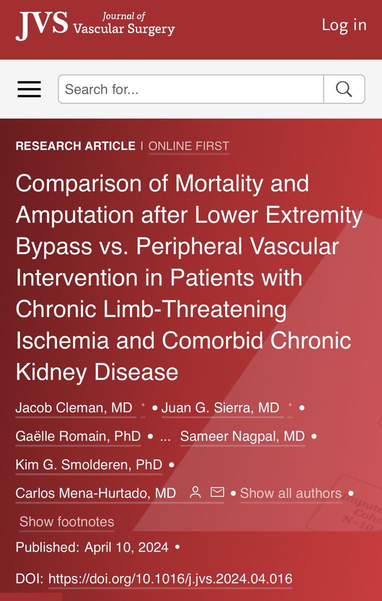 Excited and proud to share our work. 
Comparison of Mortality and Amputation after LEB vs PVI in patients with CLTI and comorbid CKD. 
jvascsurg.org/article/S0741-…
DOI: 10.1016/j.jvs.2024.04.016

<a href="/CarlosMenaYale/">Carlos Mena</a> <a href="/JacobCleman/">Jacob Cleman</a> <a href="/KimGSmolderen/">Kim G. Smolderen, PhD</a> <a href="/NCHRooneyHeart/">NCH Rooney Heart Institute</a> <a href="/YaleVAMOS/">YaleVAMOS</a>
