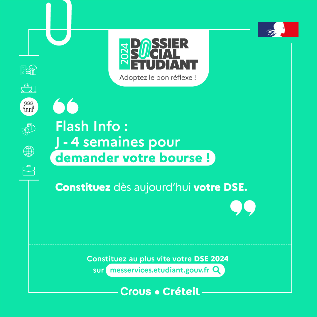 ⏱ Tic Tac Tic Tac ... J-4 semaines pour demander votre bourse ! 👉 Pour constituer votre dossier, rendez-vous sur messervices.etudiant.gouv.fr ! @UPECactus @UnivParis8 @univ_spn @UGustaveEiffel #DSE #bourses #logements #étudiants #parcoursup2024 #parcoursup