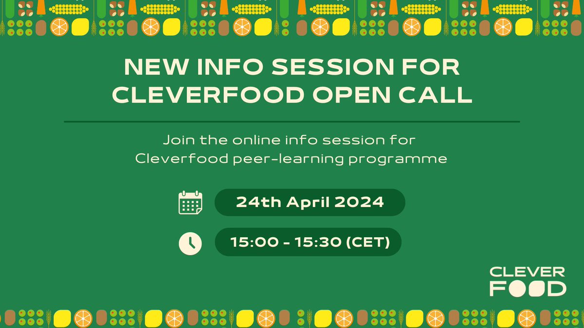 ⏳ As the deadline for applying to #CleverfoodEU peer-learning programme is approaching, the project partner @EUROCITIES will hold a 30-minute info session to present the call and collect your questions. Apply by 3rd May and find the session link at ➡ food2030.eu/events/peer-le…