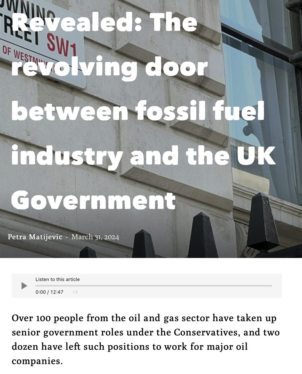 New research from @FerretScot has found that 100+ fossil fuel sector reps have taken up senior govt roles under the Tories. The revolving door between the fossil fuel industry and the UK govt is very well oiled... It's no wonder there's so much govt support for new oil and gas.