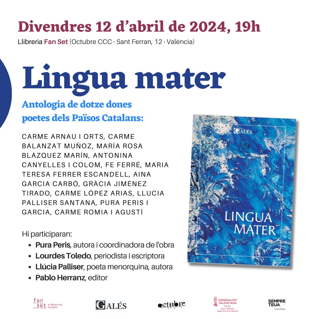 Demà és el torn de 'Lingua mater', l'antologia de dotze dones poetes dels Països Catalans que ha coordinat @Puraperis i ha editat @GalesEdicions. Serà a les 19h a l'@OctubreCCC, us hi esperem!