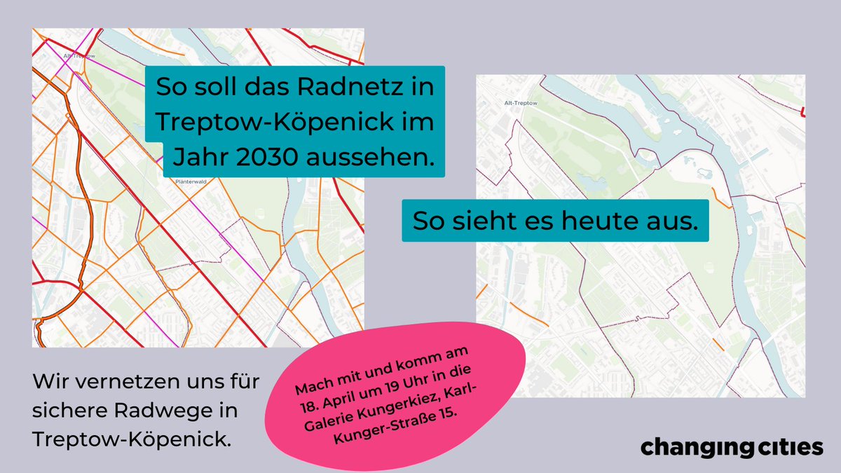Wir setzen uns für sichere Radwege in diesem schönen Bezirk ein. Bei einem lockeren Treffen wollen wir uns austauschen, vernetzen und mal kieken was so im Bezirk geht. Ladet gerne Leute zum Treffen ein!

WANN: 18. April, 19 Uhr
WO: Galerie Kungerkiez, Karl-Kunger-Straße 15