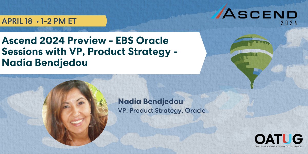 EBS users, get a sneak peek into all the #Ascend2024 sessions that will be presented by the @Oracle_EBS product development team June 17-20 in Las Vegas! Register now for Oracle VP Nadia Bendjedou's live webinar, April 18 at 1 pm ET. ow.ly/xC1250Rec0a #OracleEBS