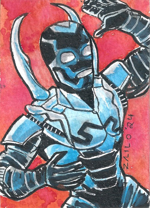 Blue Beetle sketchcard commission.  Sold. #zailoart #sketch #sketchcard #atc #watercolor #mixedmedia #comicbookart #dccomics #superhero #bluebeetle