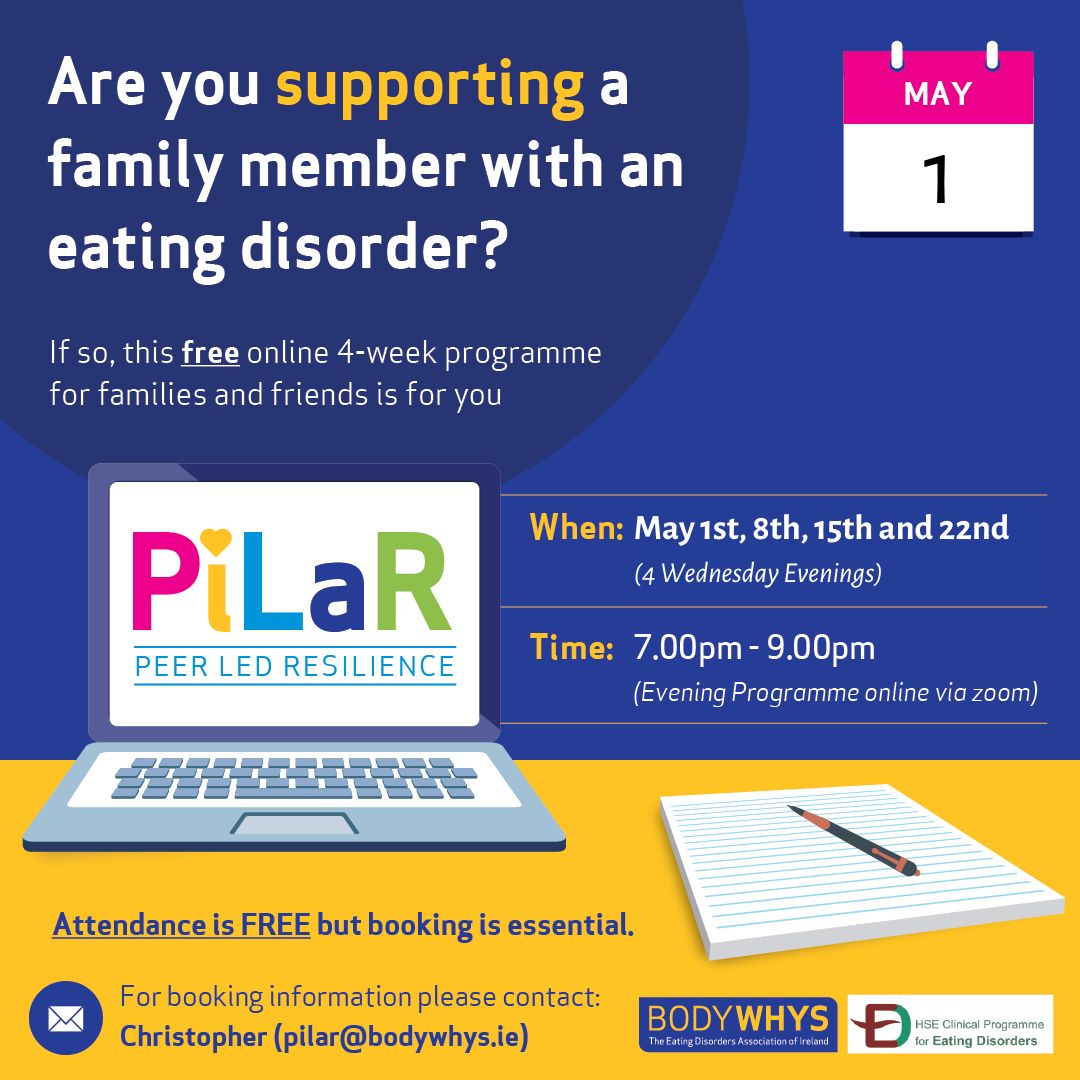 📣Our next PiLaR programme for family members and friends will take place on Wednesday evenings (7pm - 9pm) from May 1st - May 22nd For bookings: Please fill out the form here: bodywhys.ie/sup.../pilar-p… or contact: pilar@bodywhys.ie