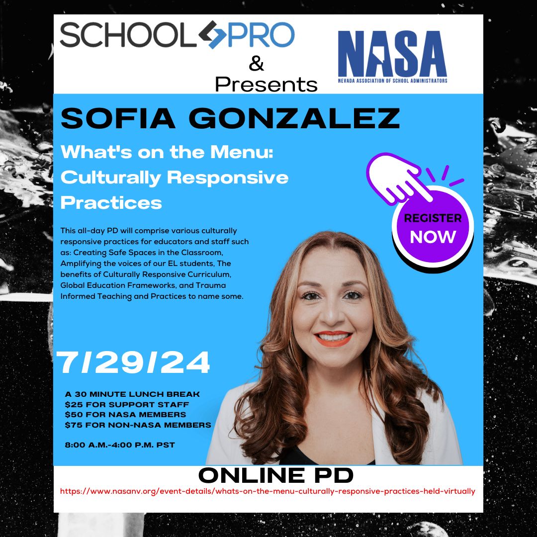 Embrace diversity in education with Sofia Gonzalez @_sofiaspeaks on July 29th in 'What's on the Menu: Culturally Responsive Practices in Professional Development.' Learn to navigate cultural complexities in the classroom. 📚🌍 Register now at nasanv.org/event-details/…