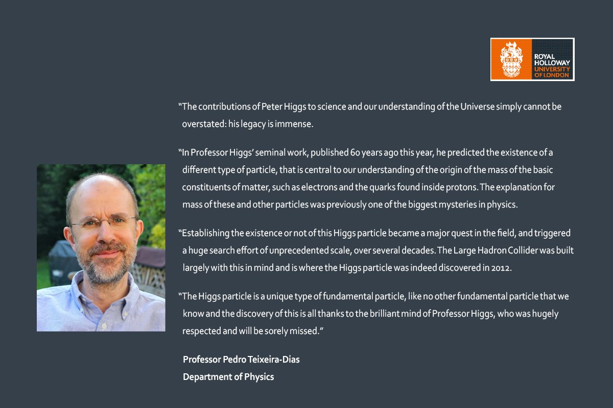 Professor Pedro Teixeira-Dias (@physics_42) from @RHULPhysics @RoyalHolloway on the sad passing of Professor Peter Higgs, the physicist who first proposed the Higgs boson particle in 1964.