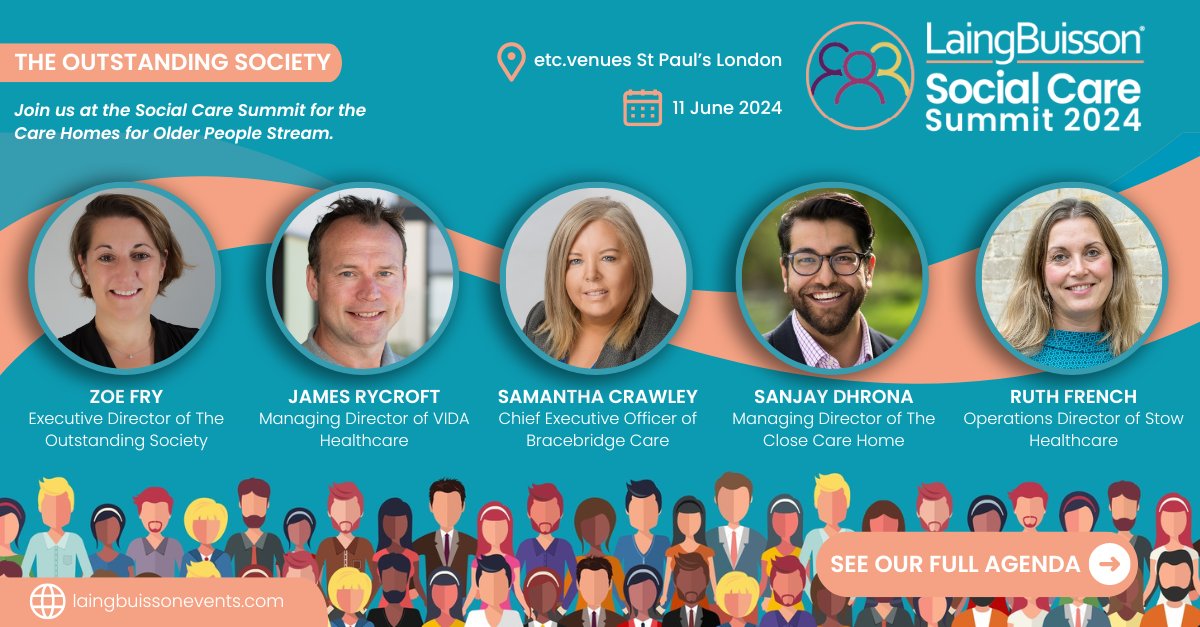 Our Directors, Zoe Fry OBE, James Rycroft, Samantha Crawley, Sanjay Dhrona and Ruth French will be speaking at @LaingBuisson Social Care Summit on 11th June. Use our speaker guest 10% off discount SCSUM24SPKR10 buff.ly/43SYTHQ #laingbuisson #socialcaresummit #joinus