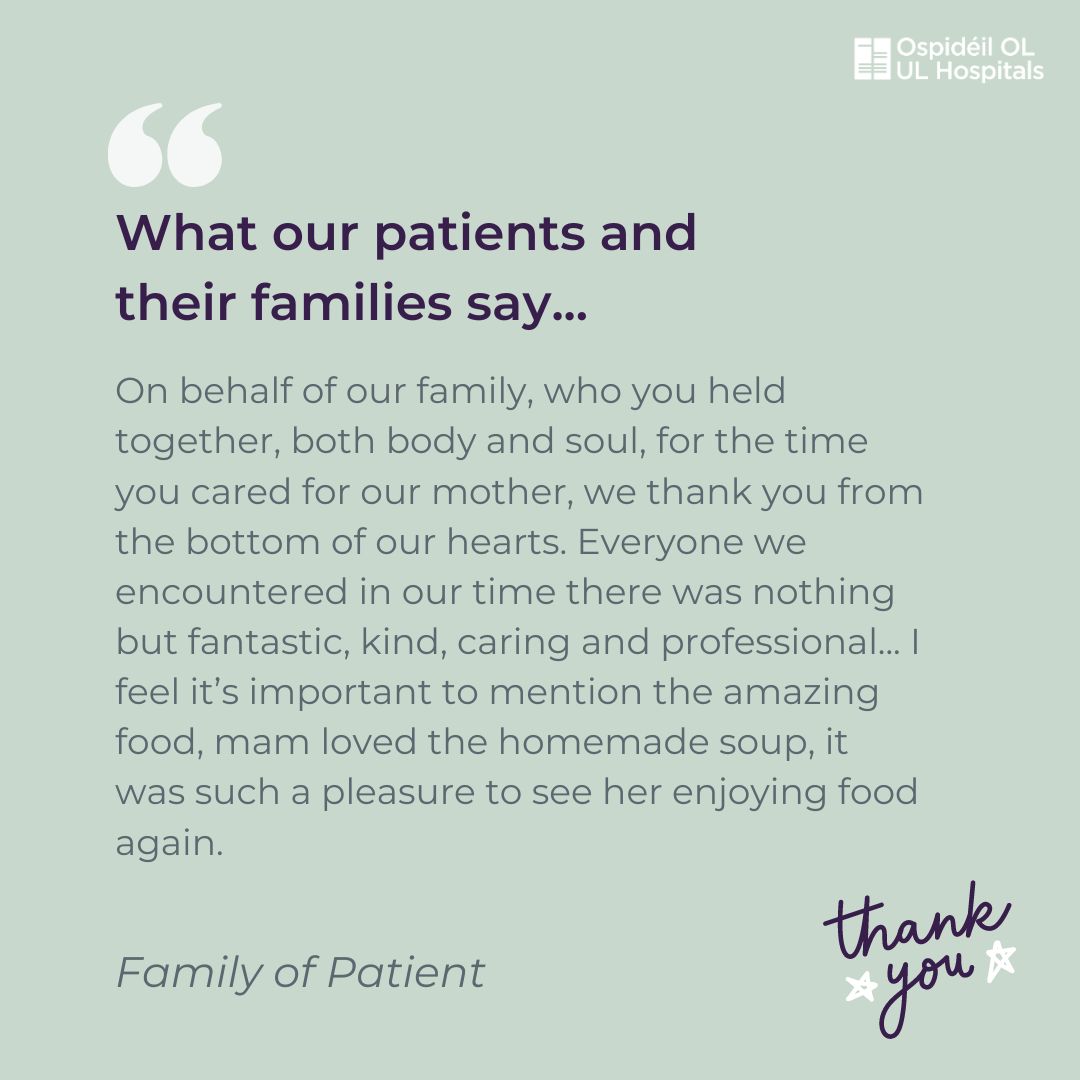 This week we share a compliment for the team at the Burren Ward in Ennis Hospital following a family's experience. Thank you to the teams across our hospitals who make patients feel welcome and supported with each visit. #OurPeopleOurServices #TeamULHG