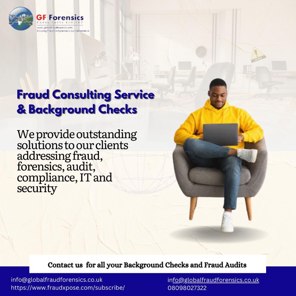 We provide outstanding solutions to our clients addressing fraud, forensics, audit, compliance, IT and security.
#globalfraudforensicsconsultinglimited #fraudxpose #FraudPrevention #FraudDetection #CyberSecurity  #ProtectYourBusiness #no1fraudforensicscompanyinnigeria
