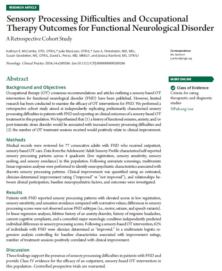 David L. Perez MD, MMSc, FAAN, FANPA (@davidlewisperez) on Twitter photo Sharing new research in <a href="/NeurologyCP/">Neurology: Clinical Practice</a> led by occupational therapists #KatieMcCombs, #JulieMacLean & <a href="/JessRanfordOT/">Jessica Ranford</a>.
Sensory Processing Difficulties & Occupational Therapy Outcomes for Functional Neurological Disorder. @MGH_RI <a href="/FNDSociety/">Functional Neurological Disorder Society</a> <a href="/FNDHope/">FND Hope International</a> <a href="/FNDAction/">FND Action</a>
neurology.org/doi/10.1212/CP⦠Sharing new research in <a href="/NeurologyCP/">Neurology: Clinical Practice</a> led by occupational therapists #KatieMcCombs, #JulieMacLean & <a href="/JessRanfordOT/">Jessica Ranford</a>.
Sensory Processing Difficulties & Occupational Therapy Outcomes for Functional Neurological Disorder. @MGH_RI <a href="/FNDSociety/">Functional Neurological Disorder Society</a> <a href="/FNDHope/">FND Hope International</a> <a href="/FNDAction/">FND Action</a>
neurology.org/doi/10.1212/CPā¦