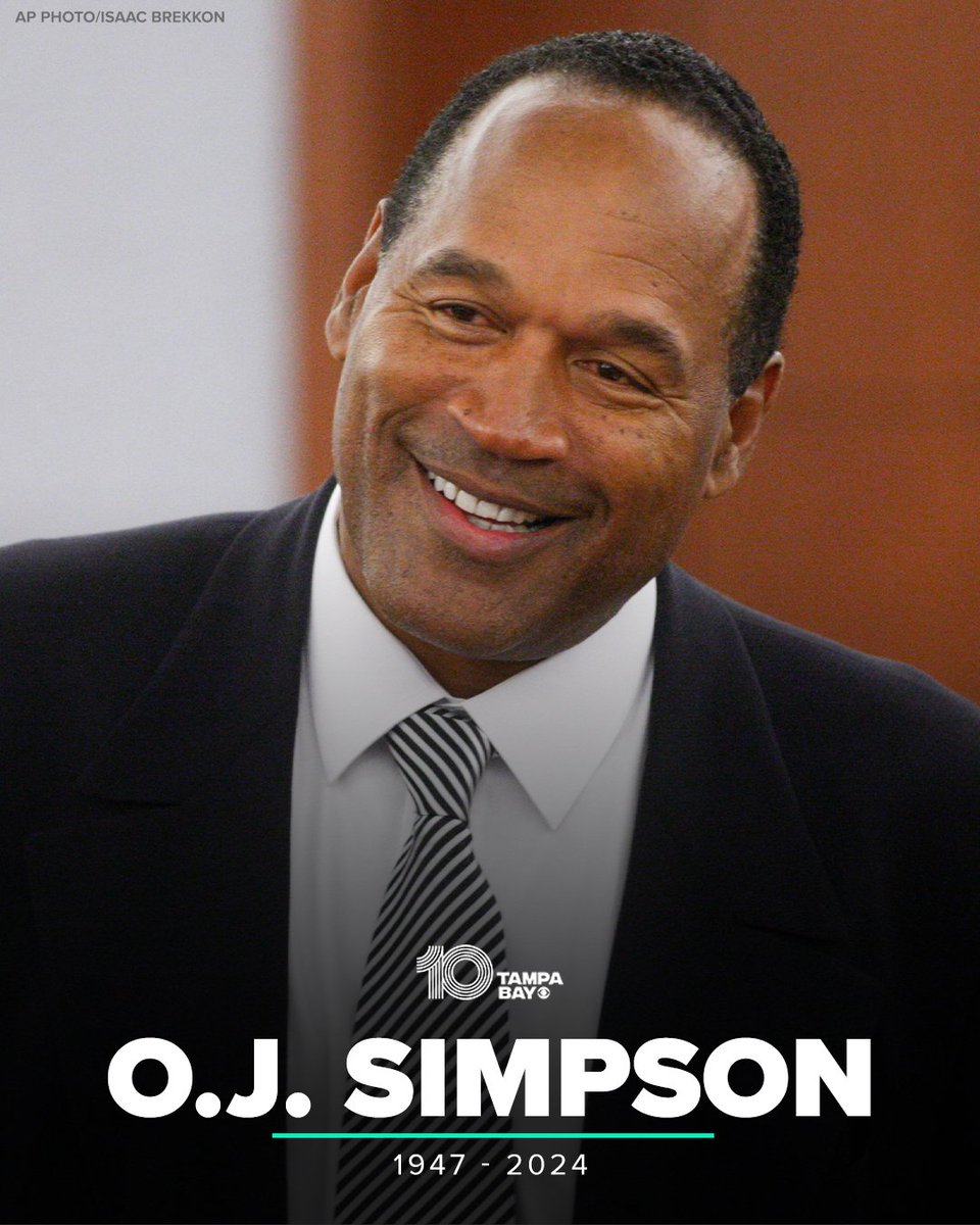 #BREAKING: O.J. Simpson, former NFL football star who was tried and acquitted for the murders of his ex-wife and her friend, has died. He was 76 years old. wtsp.com/article/news/n…