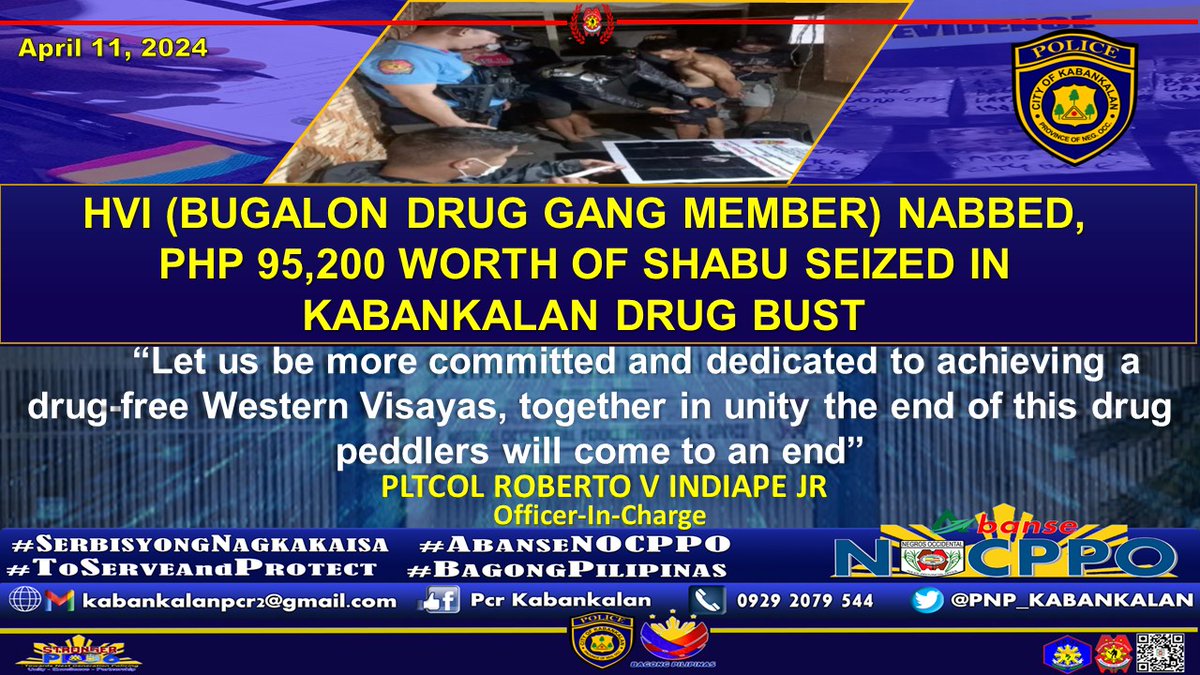 KabankalanPCR's tweet photo. PRESS RELEASE

KCCPS personnel under the supervision of PLTCOL ROBERTO V INDIAPE JR , OIC conducted buy bust operation which resulted to the successful arrest of the suspect for Violation of RA 9165 at Purok Paraiso, Brgy. Hilamonan, Kabankalan City, Negros Occidental. https://t.co/297qEmpELT