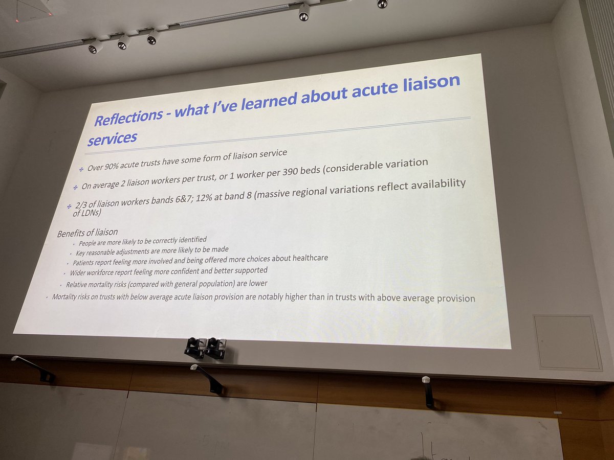 Competencies for acute learning disability nurses in England are being drafted @jayneleeson @Positive_Lives. Evidence shows the average risk of dying in a hospital if you have a learning disability is lower if there are liaison nurses @ldnursedave #PCPC24 @QUBelfast