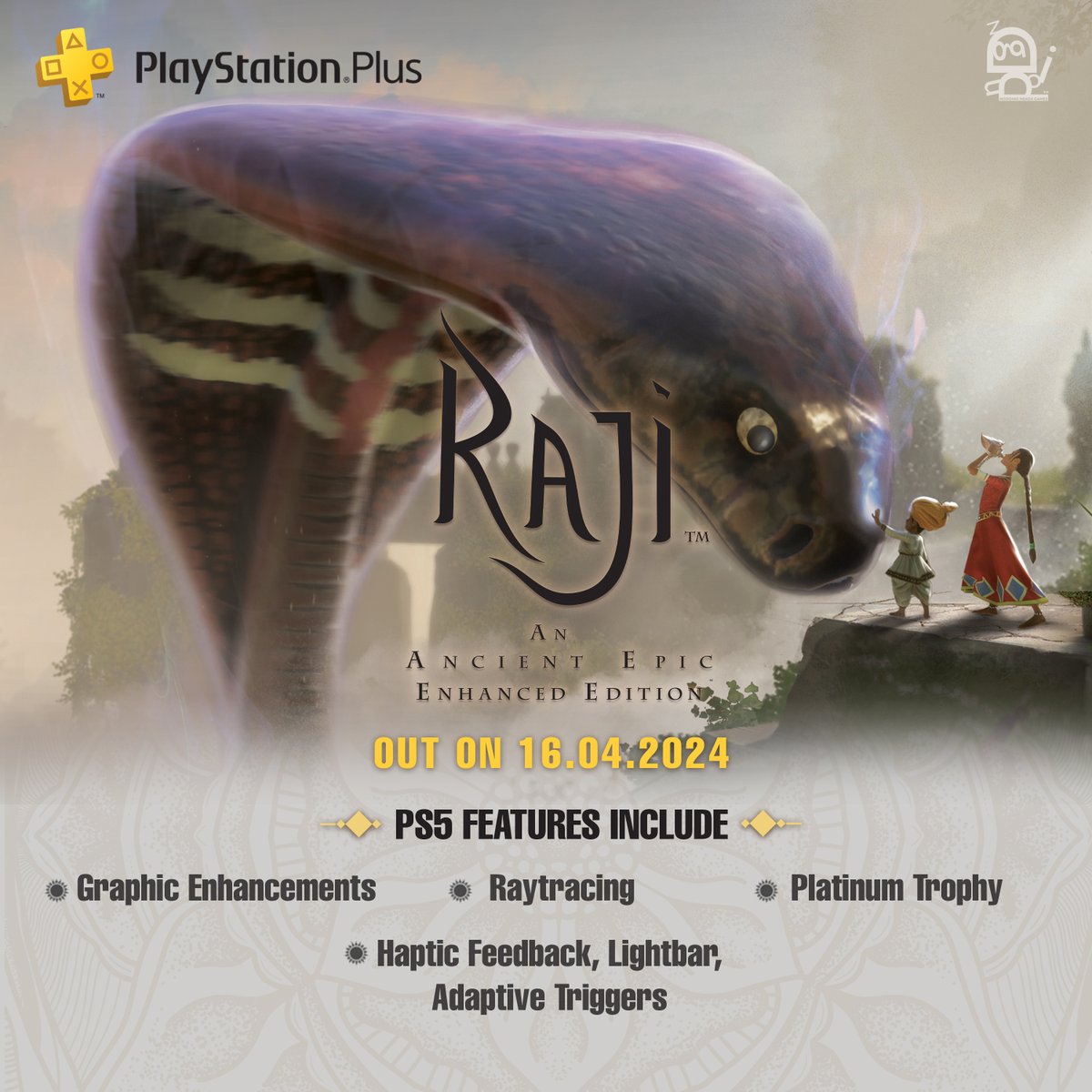 Good news everyone!! 🥳 Raji: An Ancient Epic will launch on PS5 and PS+ on April 16th! The PS5 version includes raytracing, a platinum trophy, haptic feedback, a lightbar, adaptive triggers, and graphic enhancements! #PS5 #rajithegame #indiegames #gamedev #playstationplus