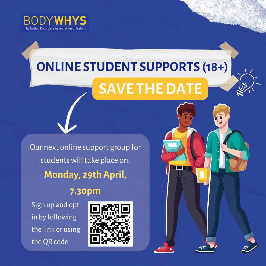 📣 Our next online student support group (18+) takes place on: Monday 29th April See here for more information: bodywhys.ie/recovery-suppo… Need support? We are here to listen. ✉alex@bodywhys.ie 💻bodywhys.ie