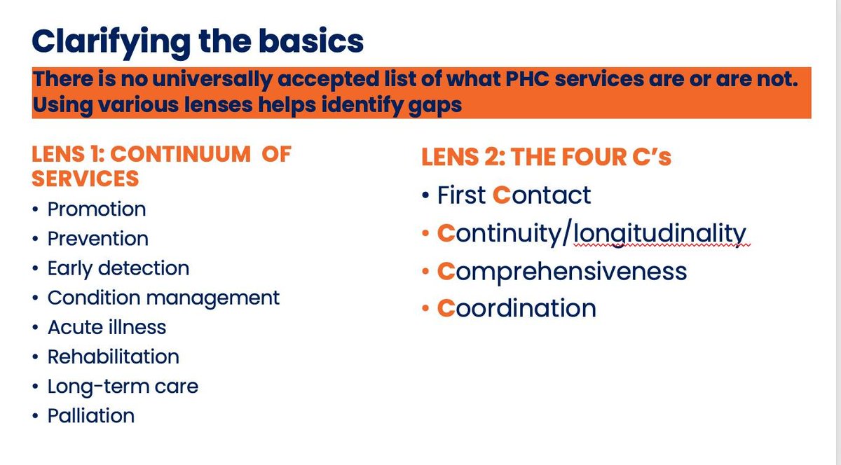 There is no universally accepted list of what PHC services are or are not.  Using various lenses helps identify gaps @Toni_Dedeu @WHO_Europe