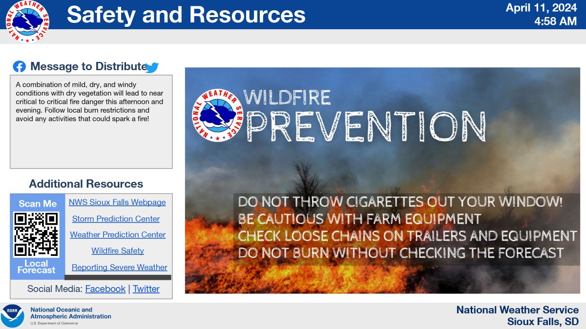 SDPublicSafety's tweet photo. A RED FLAG WARNING has been issued for portions of southeastern SD today. Warm temperatures combined with dry vegetation, gusty winds and lower humidity pose a significant risk for wildfires. Be careful and help #KeepSDsafe https://t.co/4rSptS5qmU