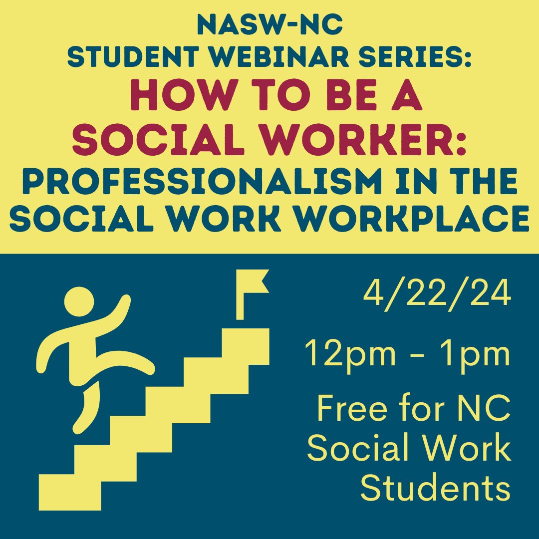 Join NASW-NC on Monday, April 22, 2024 from 12pm -1pm for our final Student Webinar of the 2023-24 school year, “How to Be a Social Worker: Professionalism in the Social Work Workplace.”⁠ Register: naswnc.org/events/EventDe…