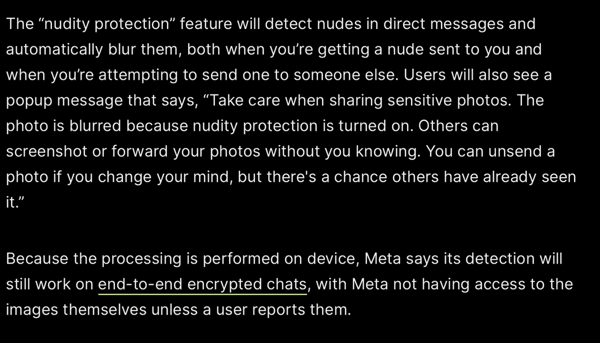 Instagram is rolling out nude detection in private DMs; will automatically blur images it believes are nudes, including in end-to-end encrypted chats because the processing is done on device, Meta says 404media.co/instagram-will…