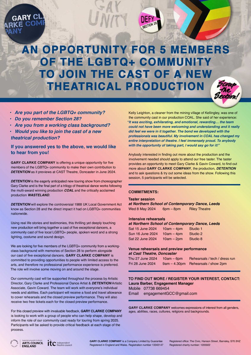 NEWS 📣📣📣 GARY CLARKE COMPANY is searching for a new LGBTQ+ community cast to join us for the preview of DETENTION - our new major production. Please contact Laura at engagementGCC@gmail.com to find out more and register your interest!