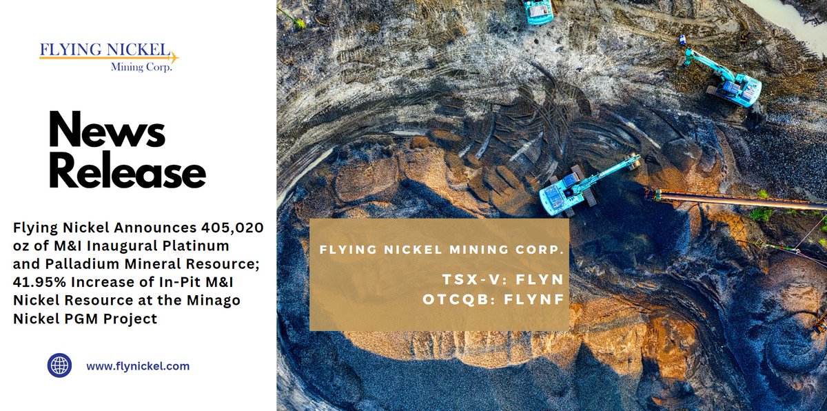 📰News Release // Flying Nickel Announces 405,020 oz of M&I Inaugural Platinum and Palladium Mineral Resource; 41.95% Increase of In-Pit M&I Nickel Resource at the Minago Nickel PGM Project

💡Learn More >> flynickel.com/flying-nickel-…

TSXV: $FLYN.V | OTC: $FLYNF

#BatteryMetals…