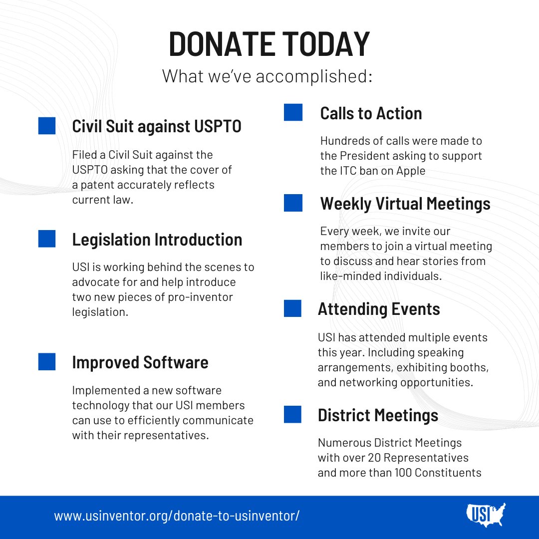 Your donations support advocacy efforts, legal battles, and educational initiatives that empower inventors and drive progress. Every contribution, big or small, makes a difference.

Donate today!

#Innovation #DonateNow #USInventor