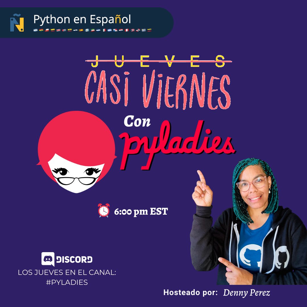 📣Hoy estaremos transmitiendo el:

🐍Casi Viernes con #Pyladies🐍

Ven a compartir con nuestra comunidad de hablemospython.dev y aprende sobre las comunidades #Python y @pyladies.

✨ Hoy tendremos novedades sobre la @pycon

Sigue la transmisión👇🏽
discord.gg/tdKC6PhB?event…