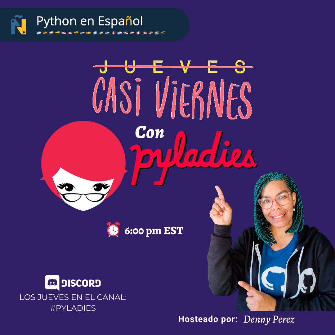 📣Hoy estaremos transmitiendo el:

🐍Casi Viernes con #Pyladies🐍

Ven a compartir con nuestra comunidad de hablemospython.dev y aprende sobre las comunidades #Python y <a href="/pyladies/">PyLadies</a>.

✨ Hoy tendremos novedades sobre la <a href="/pycon/">PyCon US</a>

Sigue la transmisión👇🏽
discord.gg/tdKC6PhB?event…