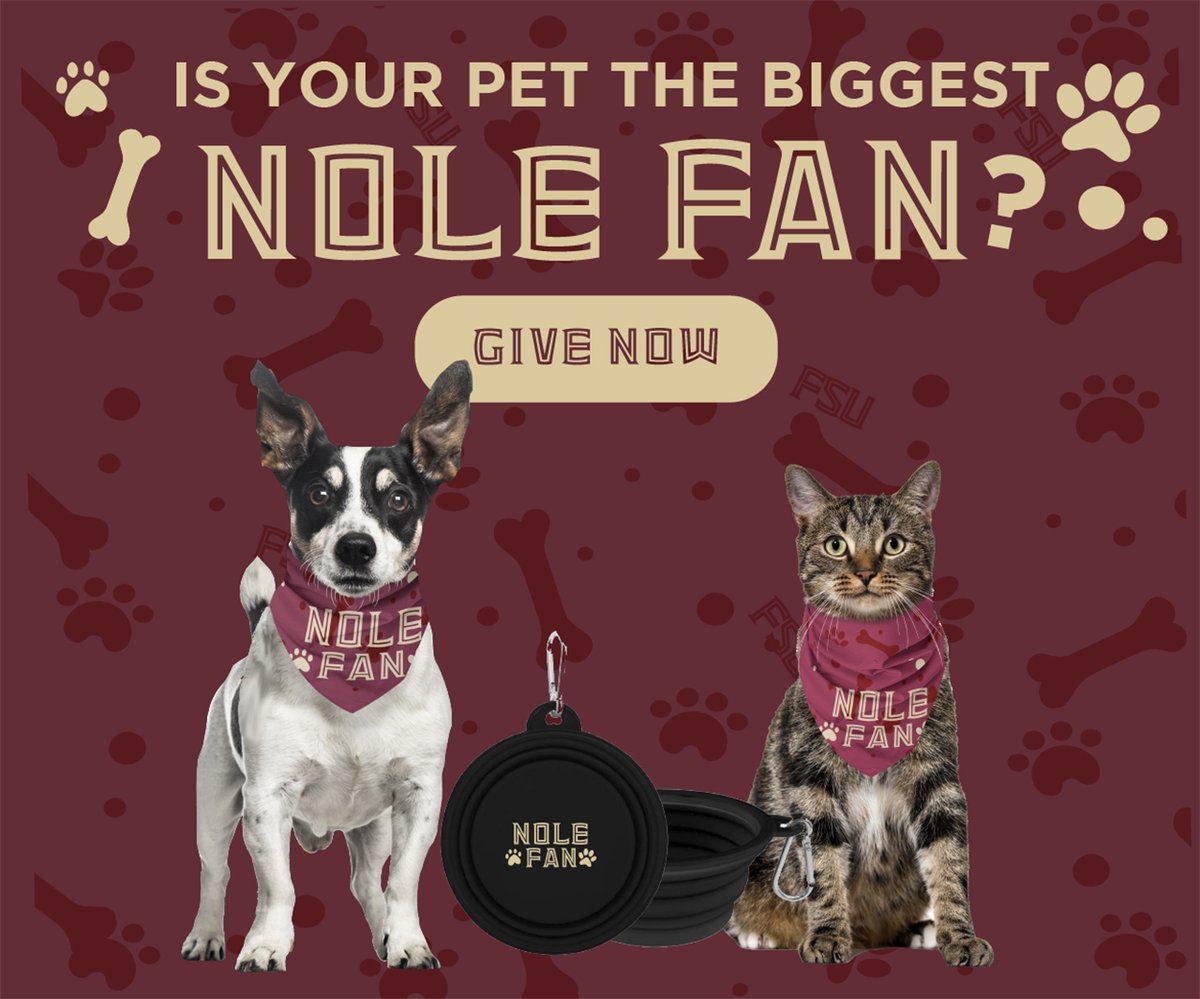 Celebrate National Pet Day with a gift for your furry friend. Make a gift of at least $30, and you will receive a limited-edition pet bandana and collapsible water bowl to recognize your NOLE fan pet! 🐶 😸 To make a gift, visit: gonol.es/FSUPet