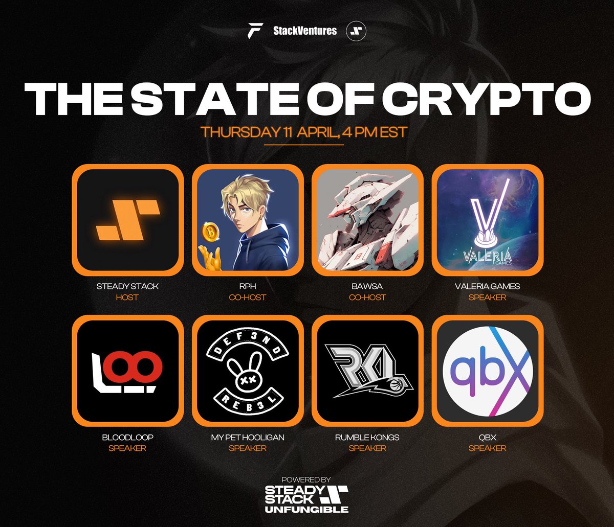 Another week, another spaces. Join us at 4PM EST to talk The State of Crypto + some long awaited alpha👀 Guests👇 💎@readyplayerh 💎@nftbawsa 💎@ValeriaStudios 💎@BloodLoopGAME 💎@mypethooligan 💎@RumbleKongs 💎@qiibeefdn