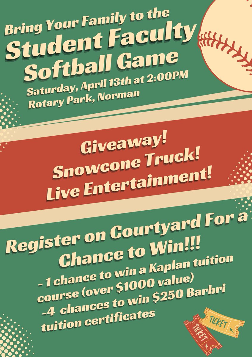 𝐏𝐥𝐚𝐲 𝐛𝐚𝐥𝐥! 🥎 Bring your family to OU Law's 1st Annual Student-Faculty Softball Game! Register on Courtyard ahead of time for a chance to win a bar prep prize. Register: bit.ly/3U9i5xT