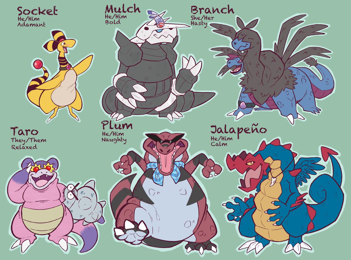 Made a whole ass team of Pokémon OCs that would live entirely inside of the unova region (except for taro, he’s from out of country)