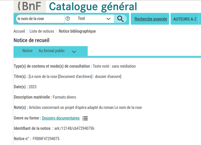 Je viens d’apprendre par le catalogue de la BNf qu'il y a un projet d'adaptation en d'opéra du roman Le nom de la rose, en italien et en français, sera co-produit par la Scala de Milan et l’Opéra de Paris. Première prévue en 2025.
radiofrance.fr/francemusique/…