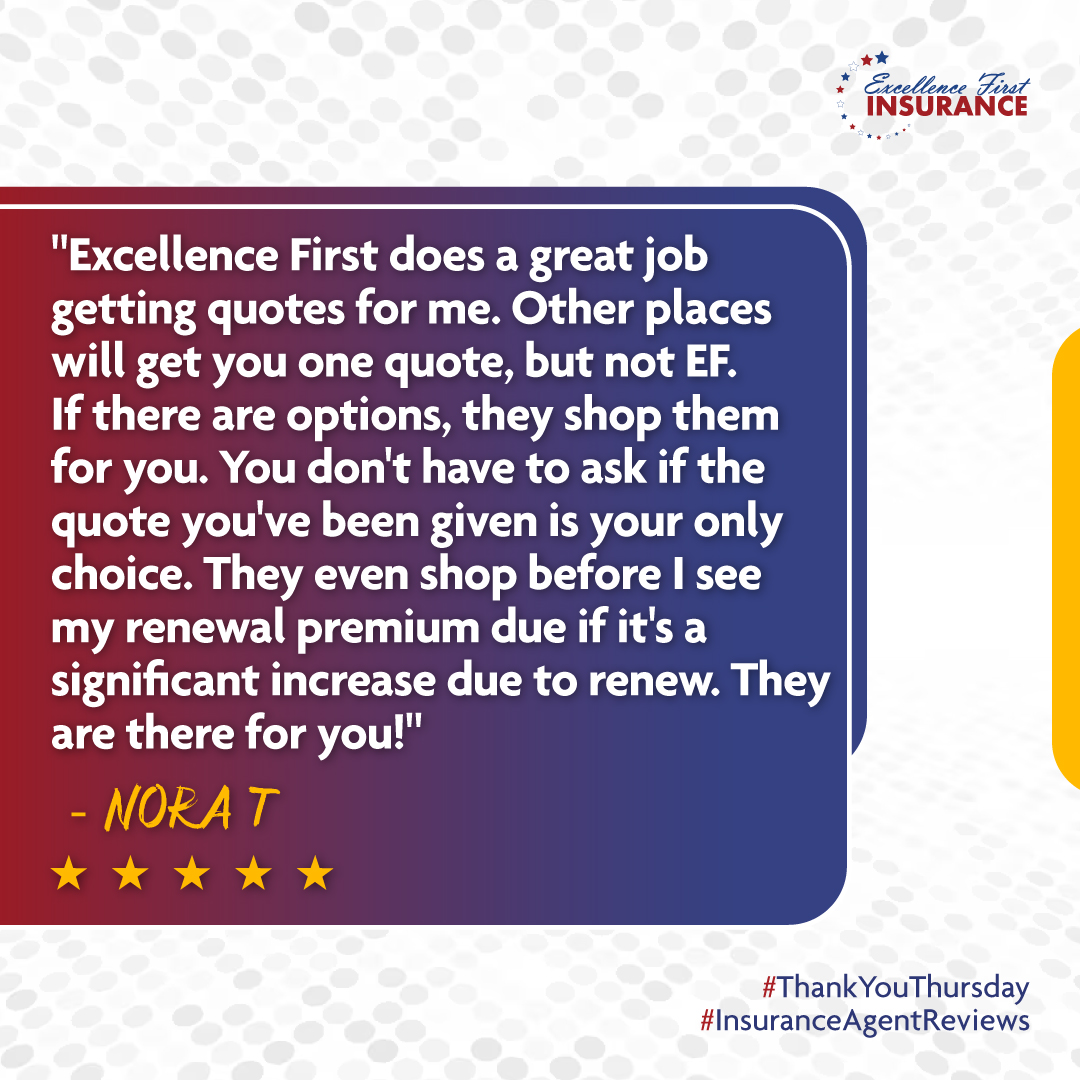 At Excellence First, we go the extra mile for our clients! Offering options, shopping quotes, and ensuring you have the best choices. No surprises at renewal time. Your peace of mind is our priority!

#InsuranceChoices #ClientFocused #ExcellenceFirst #ThankYouThursday #Insuran...