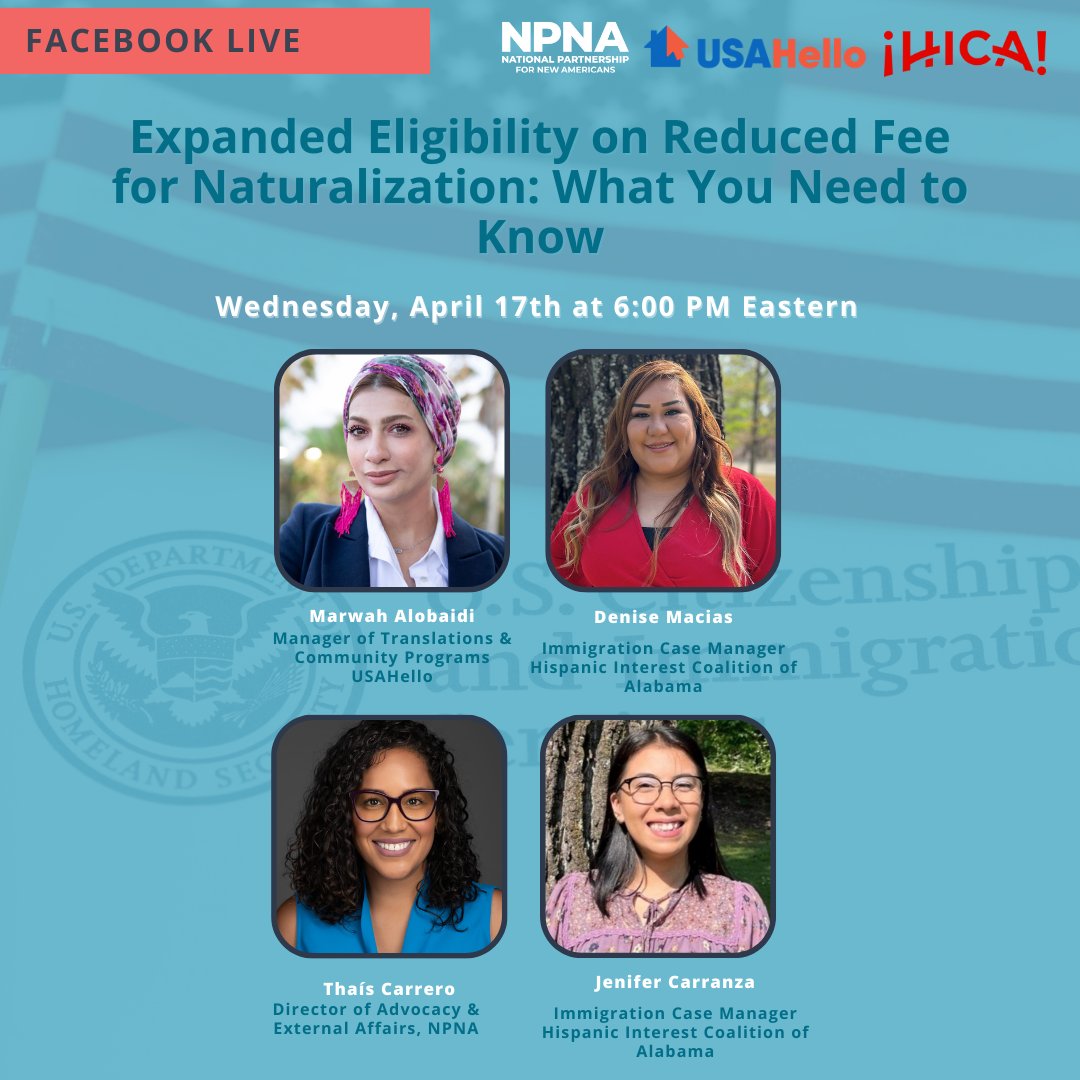 Join NPNA, USA Hello, & HICA for this upcoming Facebook Live on 'Expanding Eligibility on Reduced Fee for Naturalization' happening Wednesday, April 17th at 6PM EST. Registration is available: streamyard.com/watch/kAFjikbH…
