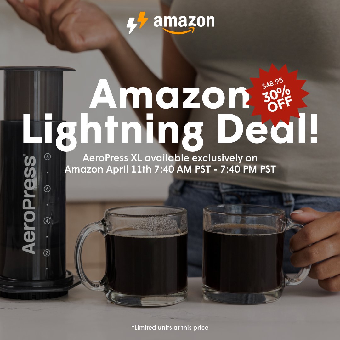 AMAZON LIGHTNING DEAL ⚡️☕️⁠ ⁠ 30% OFF the AeroPress XL today only! Ends at 7:40 PM PST - don't miss out on this amazing deal!⁠ ⁠ Shop now at a.co/d/0hxWrBk ⁠ #aeropress⁠ #findyourinnerbrew⁠ #coffeeeverywhere⁠ #amazon