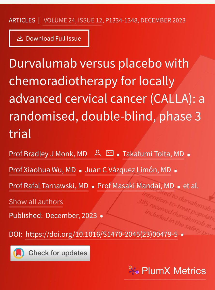 ⚡️ CALLA trial on durvalumab in cervical cancer + RT! 🩺 No significant difference in progression-free survival observed, but potential for further exploration in high tumoral PD-L1 expression patients.  

thelancet.com/journals/lanon…

#CALLATrial #CervicalCancer 🌍