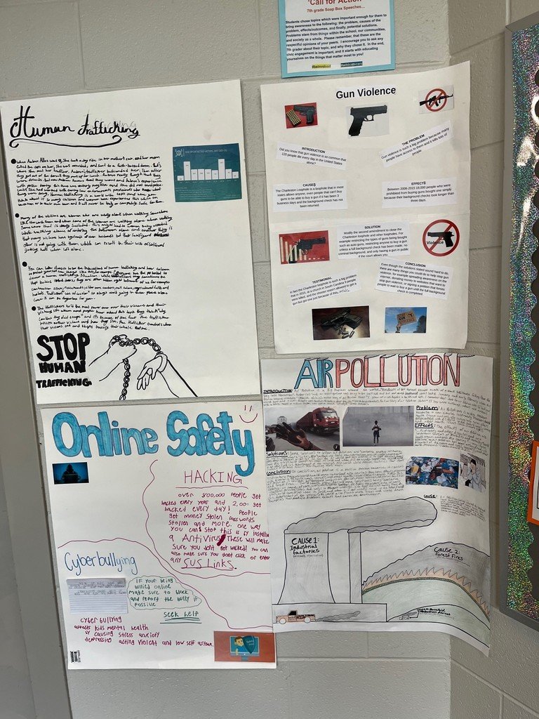 Maercker60's tweet photo. Seventh grade students at Westview Hills chose topics which were important enough for them to bring awareness to the problem, causes of the problem, effects/outcomes, and potential solutions. What a great way to get students involved in civic engagement! #d60learns https://t.co/xMruFzVWMi