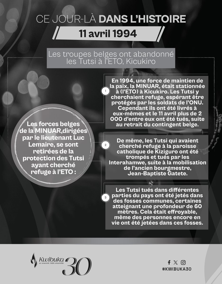 CE JOUR-LÀ DANS L’HISTOIRE Le 11 avril 1994, le contingent de la MINUAR a abandonné les Tutsi qui cherchaient refuge à l’ETO Kicukiro, entraînant le massacre de 2.000 Tutsi. Les massacres de Tutsi ont également continué dans d’autres préfectures, notamment Byumba, Cyangugu et…