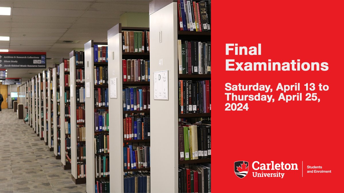 Reminder: final examinations in full winter, late winter and fall/winter courses begin today (Saturday, April 13) and will continue through Thursday, April 25, 2024. Examinations are normally held all seven days of the week. calendar.carleton.ca/academicyear/#…