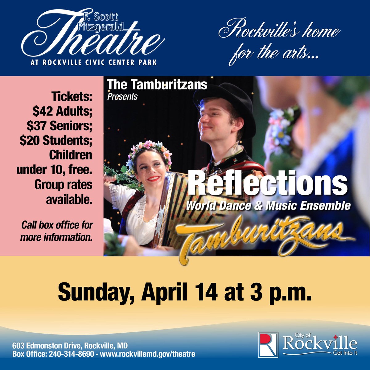 🎼 This Sunday at the F. Scott Fitzgerald Theatre: The Tamburitzans presents Reflections World Dance and Music Ensemble at 3 p.m. Purchase tickets at rockvillemd.gov/theatre.