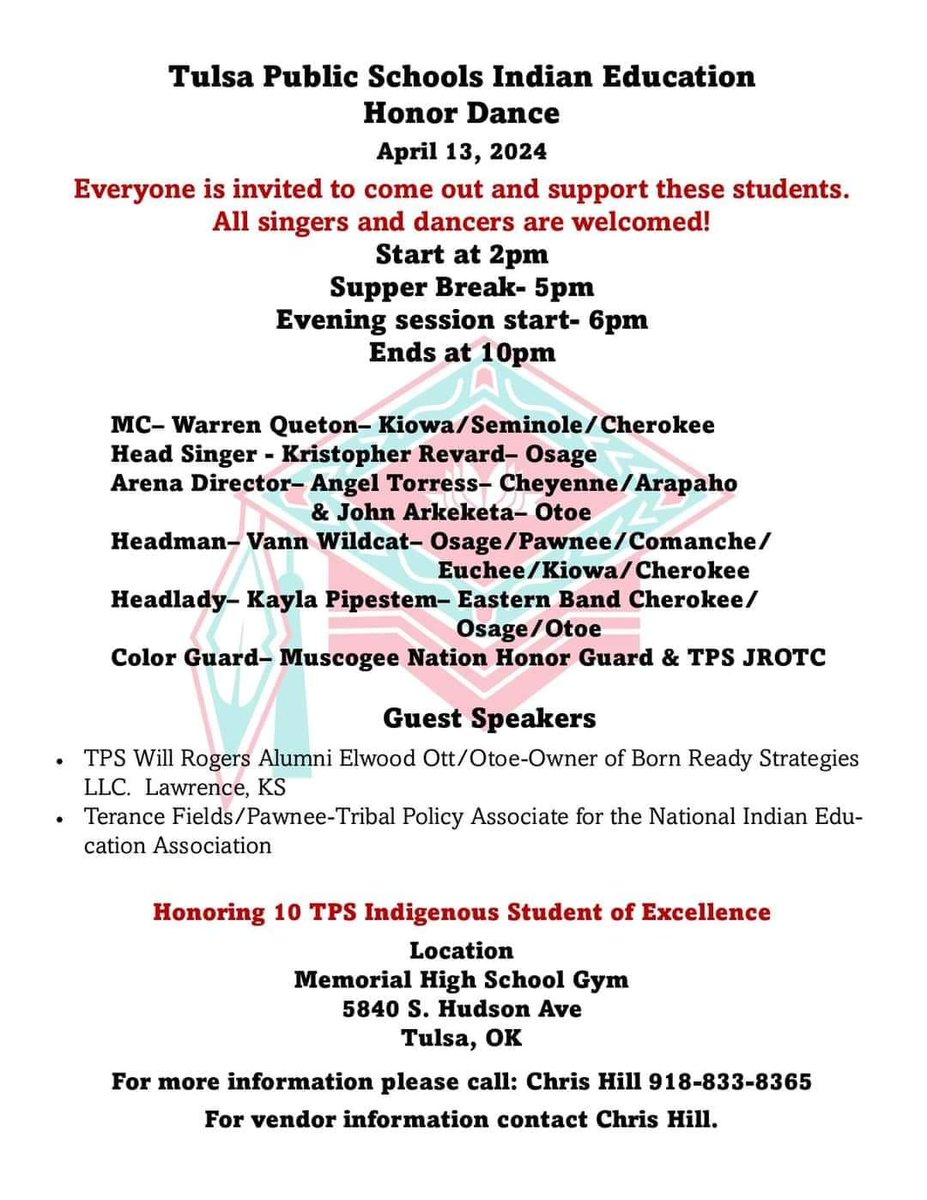 Join us from 2pm to 10pm for the Tulsa Public Schools Indian Education Honor Dance at Memorial High School Veterans Arena Gym this coming Saturday, April 13th!