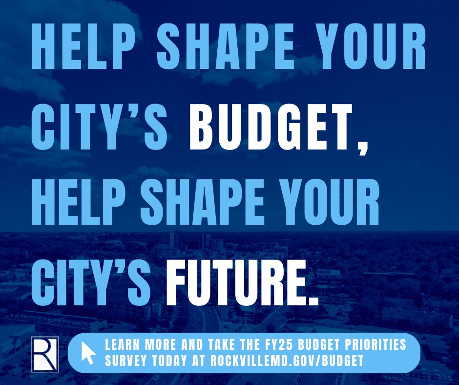 The FY25 Community Priorities Budget Survey is now open through Monday, April 15! Take the survey at rockvillemd.gov/budget and let us know what YOU want to see in Rockville's FY25 budget.