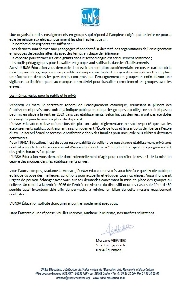 IMPORTANT: courrier de l'Unsa Education à la ministre demandant des moyens supplémentaires pour les groupes et 'rendre leur autonomie d’organisation aux établissements comme le prévoit le cadre légal'. Tout en assurant qu'elle est 'opposée au plan Choc des savoirs'