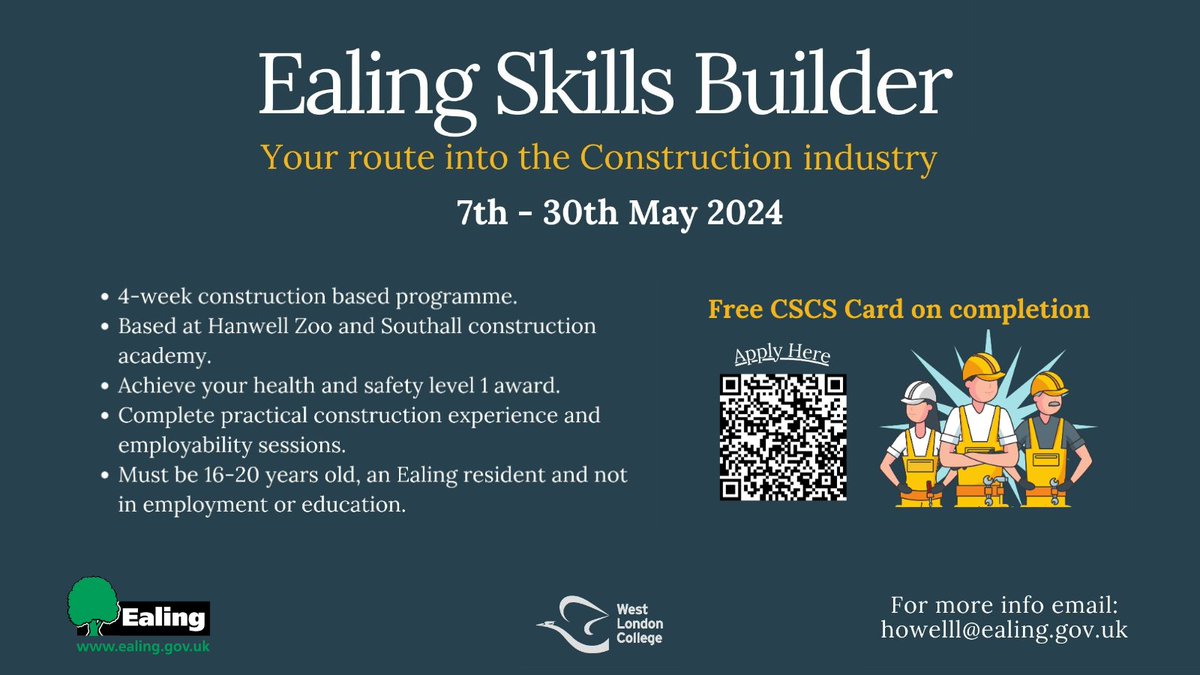 WorkEaling's tweet photo. Last week to apply! 

Are you aged 16-20 and would like a career in the construction industry?

Join this course to achieve a Level 1 award in health and safety and gain experience in the industry. You can expect a fully funded CSCS course on completion!
https://t.co/85l9lEOvo6 https://t.co/Kf9LxC1mJE