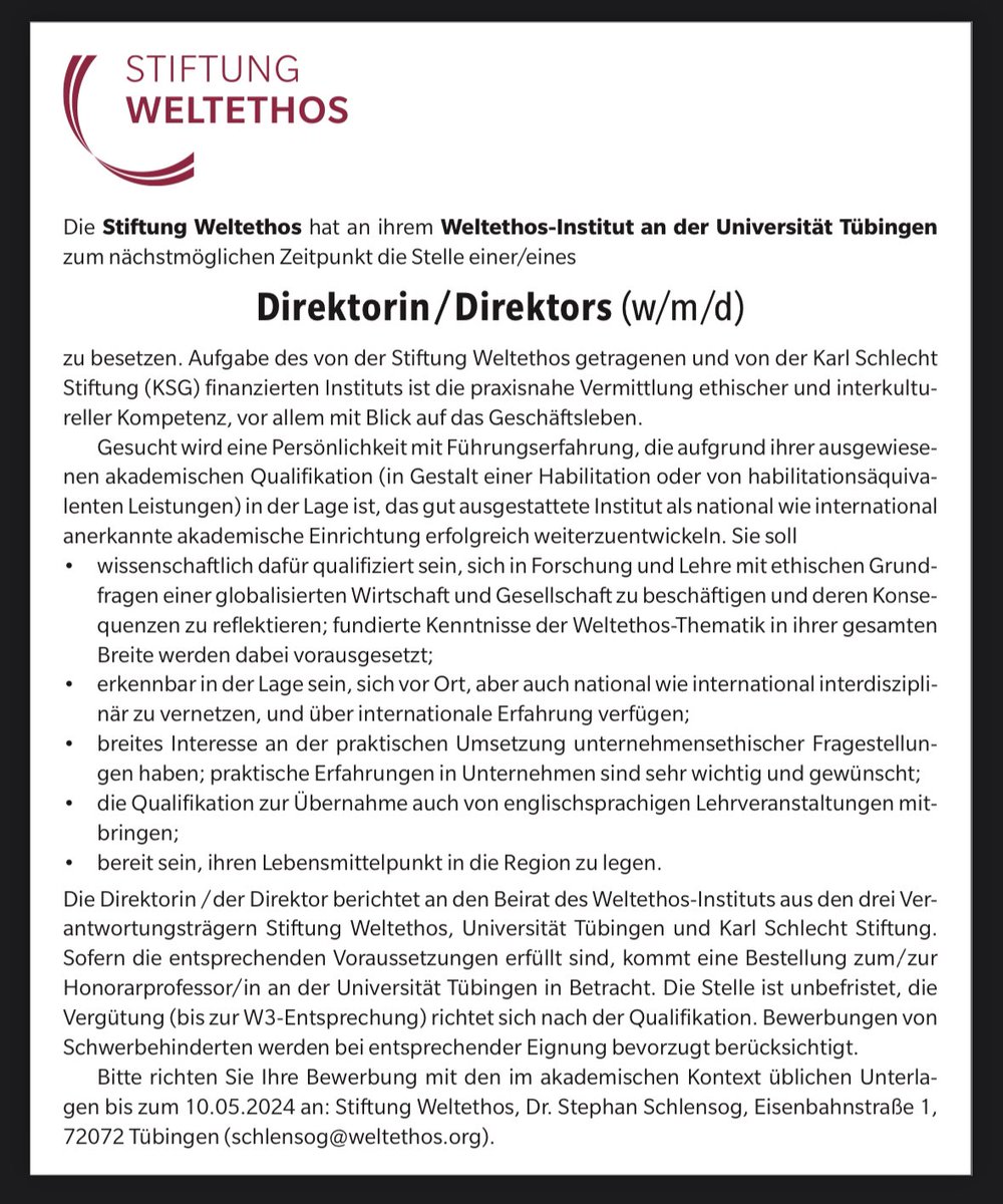 Ooooh, lala! Das Weltethos Institut in Tübingen sucht eine Direktorin (m/w/d) 

#jobalert