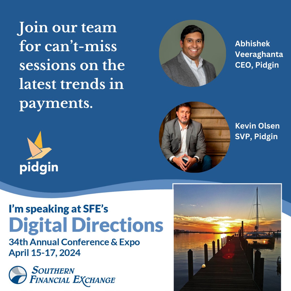 Join our CEO Abhishek Veeraghanta and SVP Kevin Olsen <a href="/Southern/">southern tweets</a> Financial Exchange’s Annual Conference, Digital Directions, taking place April 15 - 17 at Perdido Beach Resort in Orange Beach, AL.
We hope to see you there!
For more info, visit hubs.ly/Q02spgd-0
#Fintech